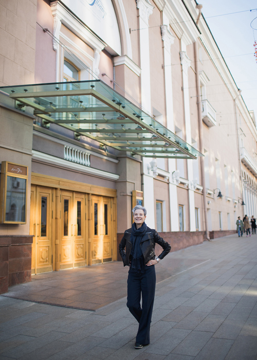 Karen Kain in front of The Bolshoi Theatre, Moscow, Russia.